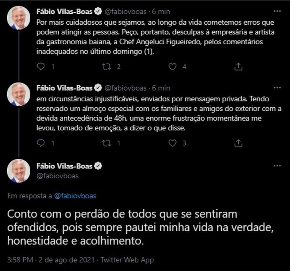 Secretário de saúde xinga chef de cozinha após ter reserva cancelada por questões climáticas — Foto: Reprodução / Redes Sociais